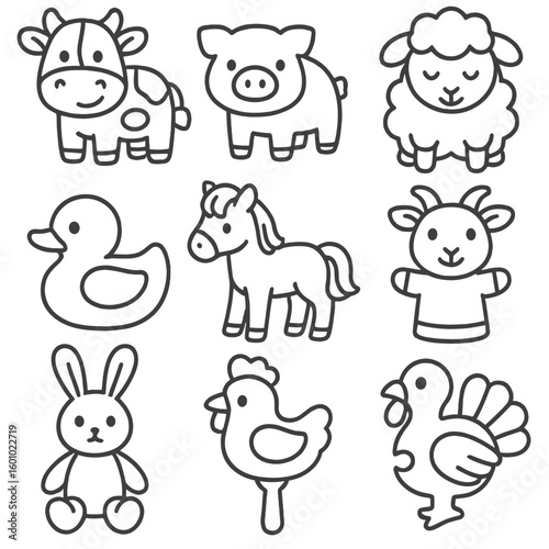 Farm Animal Toy Icons. Outline style icons of Farm Animal Toys: toy cow, pig figurine, plush sheep, rubber duck, plastic horse,