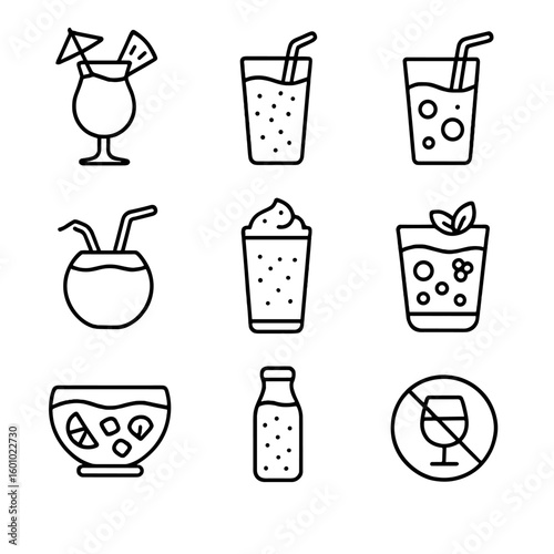Non-Alcoholic Mocktail Icons. Outline style icons of Non-Alcoholic Tropical Mocktails: virgin piña colada, tropical smoothie glass