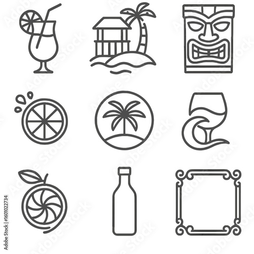 Tropical Cocktail Icons. Outline style icons of Tropical Cocktail Branding: drink logo template, island bar logo, tiki face design