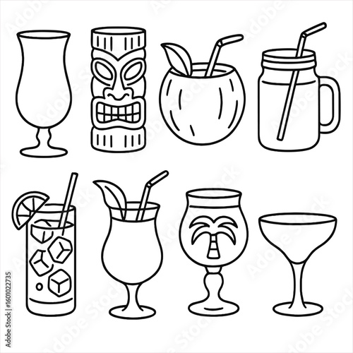 Tropical Cocktail Icons. Outline style icons of Tropical Cocktail Glassware: hurricane glass, tiki mug, coconut shell cup, mason