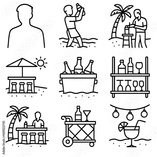 Beach Bartending Icons. Outline style icons of Bartending on the Beach: bartender silhouette, shaking on the sand, mixing outdoors
