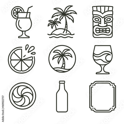 Tropical Cocktail Icons. Outline style icons of Tropical Cocktail Branding: drink logo template, island bar logo, tiki face design