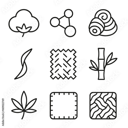 Material Composition Icons. Outline style icons of Material Composition Labels: cotton icon, polyester icon, wool fiber label,
