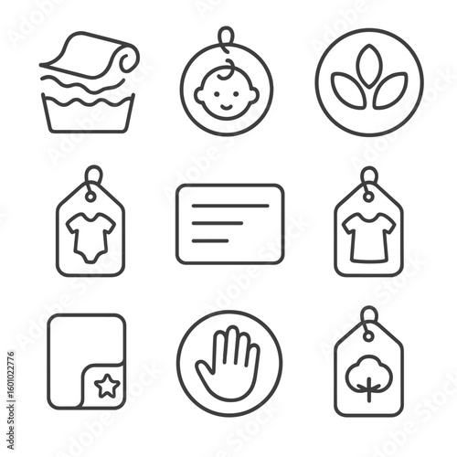 Children's Clothing Icons. Outline style icons of Children’s Clothing Labels: soft fabric icon, baby-friendly material tag,
