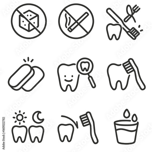 Dental Care Icons. Outline style icons of Clean Tooth Behavior Icons: no sugar sign, no smoking symbol, brushing after meals, chew