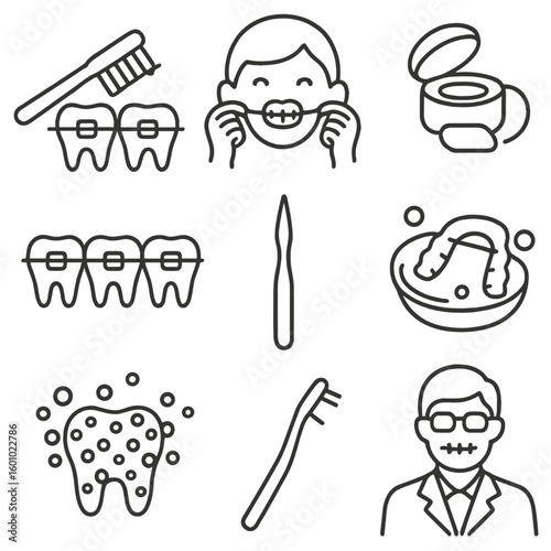 Orthodontic Care Icons. Outline style icons of Braces and Orthodontic Cleaning: cleaning braces with brush, flossing with braces,