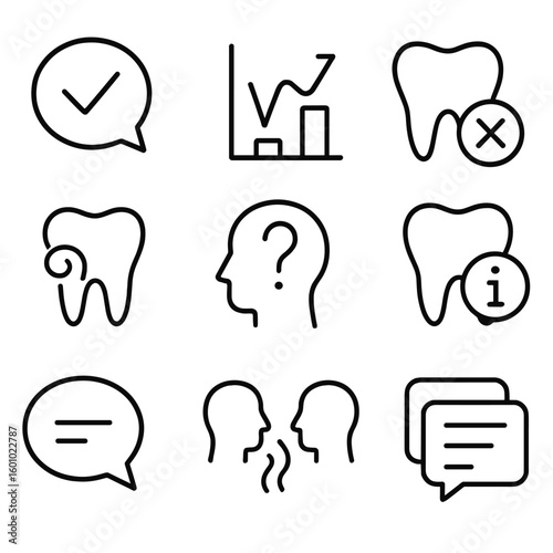 Oral Health Icon Set. Outline style icons of Oral Health Myths vs Facts: bubble with truth icon, myth vs reality chart, red X