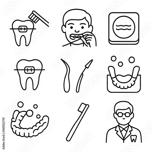Orthodontic Care Icons. Outline style icons of Braces and Orthodontic Cleaning: cleaning braces with brush, flossing with braces,