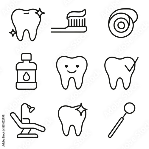 Dental Care Icons. Outline style icons of Clean Tooth Dental Care: sparkling tooth, toothbrush with toothpaste, floss thread,
