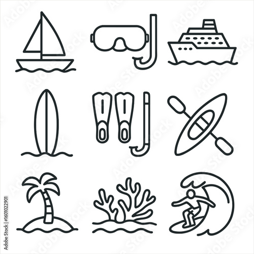 Ocean Adventure Icons. Outline style icons of Ocean Adventure and Travel: sailboat, diving mask, cruise ship, surfboard,