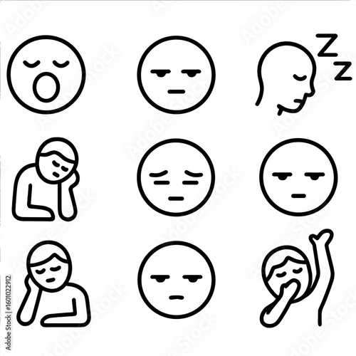 Sleepy Expression Icons. Outline style icons of Sleepy Expressions: yawning face, droopy eyes, head nodding, zzz symbol, sleep