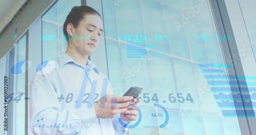 Business professional tapping smartphone and updating financial charts for corporate data analysis