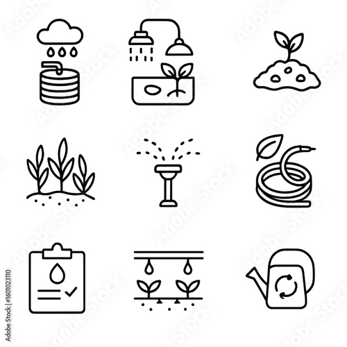 Sustainable Garden Icons. Outline style icons of Sustainable Garden Water Use: rainwater harvesting tank, greywater reuse, mulch