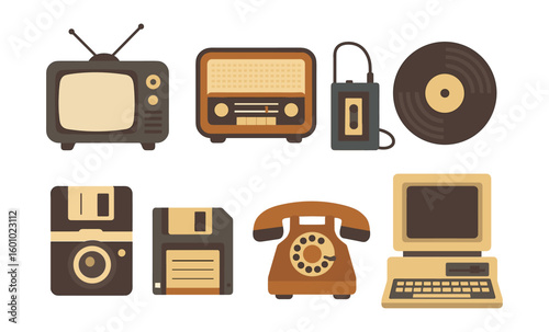 Retro technology icons: vintage devices and gadgets collection