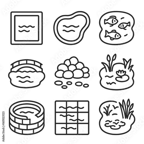 Garden Pond Icons. Outline style icons of Garden Pools and Ponds: square pond layout, kidney-shaped pool, fish pond outline, pond