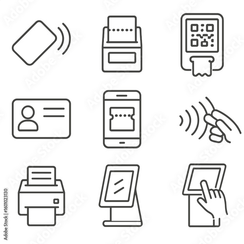 Ticketing Icons Collection. Outline style icons of Ticketing and Passes: contactless card reader, paper ticket dispenser, ticket