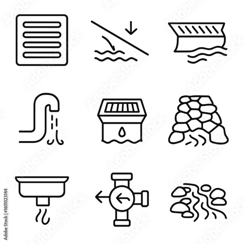 Garden Drainage Icons. Outline style icons of Garden Drainage and Water Control: drain grate, slope design, water run-off channel,