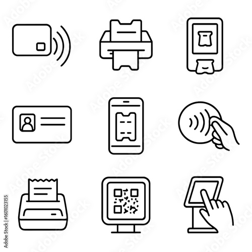 Ticketing Icons Collection. Outline style icons of Ticketing and Passes: contactless card reader, paper ticket dispenser, ticket