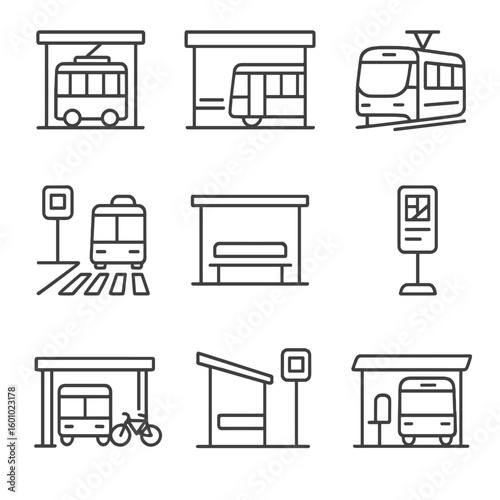 Urban Transit Icons. Outline style icons of Urban Waiting Zones: city tram shelter, inner-city bus station, light rail stop,
