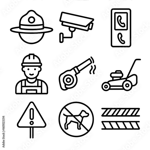 Park Safety Icons. Outline style icons of Park Safety and Maintenance: park ranger hat, security camera, emergency call box,