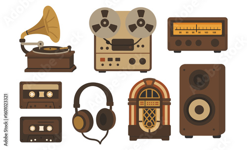 Retro music devices collection with vintage tape, gramophone, jukebox, and headphones in flat style