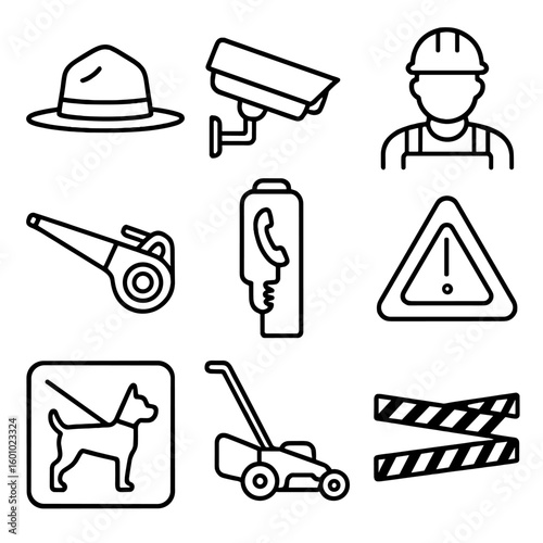Park Safety Icons. Outline style icons of Park Safety and Maintenance: park ranger hat, security camera, emergency call box,