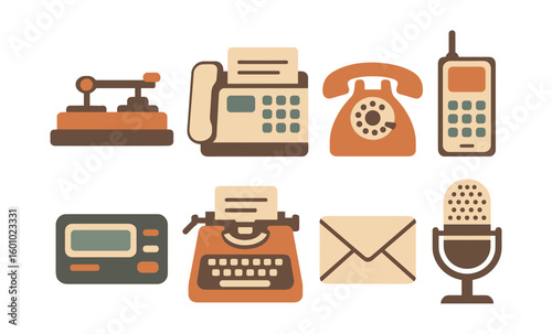 Vintage communication devices in retro style - telephones, typewriter, and microphone icons collection