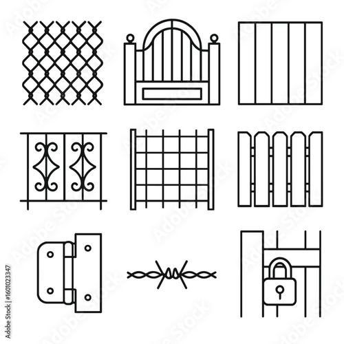 Metal Fence Icons. Outline style icons of Metal Fencing and Gates: chain-link fence, iron gate, security bars, decorative railing,