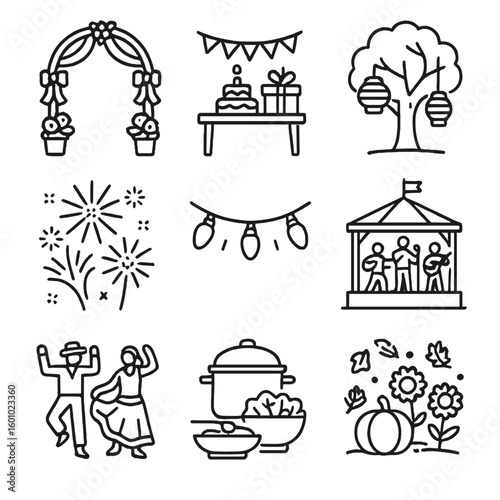 Festive Park Icons. Outline style icons of Park Celebrations and Festivals: outdoor wedding arch, birthday party table, lanterns