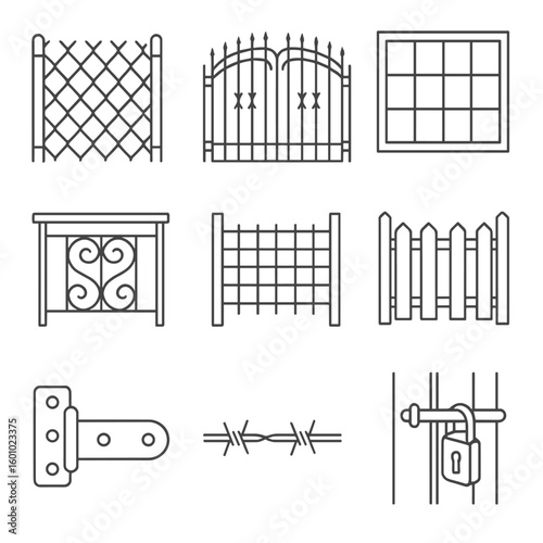 Metal Fence Icons. Outline style icons of Metal Fencing and Gates: chain-link fence, iron gate, security bars, decorative railing,