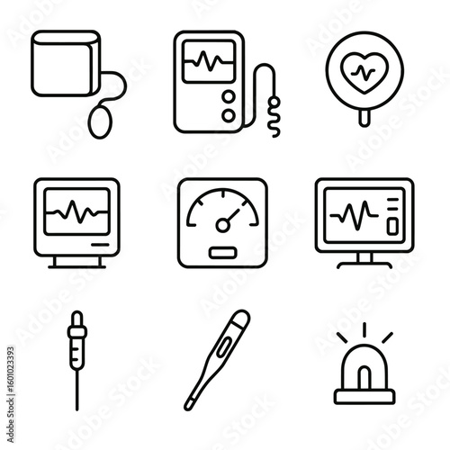 ICU Monitoring Devices Icons. Outline style icons of ICU Monitoring Devices: blood pressure cuff, respiratory monitor, telemetry