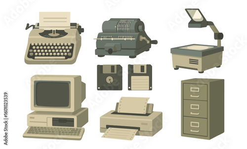 Retro office equipment set featuring typewriter, computer, and projector