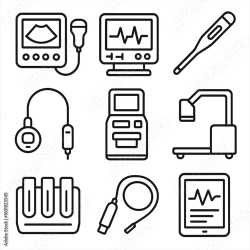 ICU Diagnostic Icons. Outline style icons of ICU Diagnostics Equipment: portable ultrasound, ECG monitor icon, temperature probe,