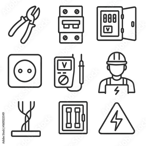 Electrical Icons Collection. Outline style icons of Electrical Maintenance: wire cutter, circuit breaker, electrical panel, socket