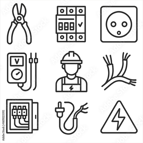 Electrical Icons Collection. Outline style icons of Electrical Maintenance: wire cutter, circuit breaker, electrical panel, socket