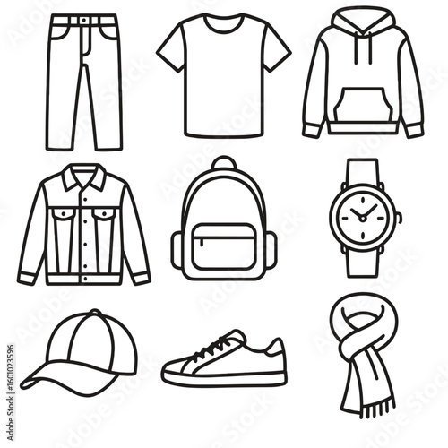 Casual Essentials Icons. Outline style icons of Casual Essentials Checklist: jeans icon, tee icon, hoodie icon, sneakers icon,