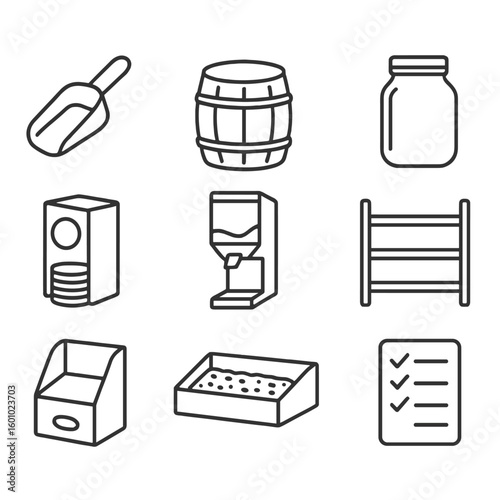 Pantry Refill Icons. Outline style icons of Pantry Refill Station: refill scoop, bulk barrel, self-service bin, reusable glass jar