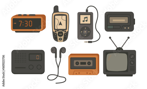 Retro electronics collection featuring vintage gadgets in flat design style