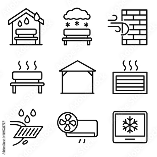 Weather Adaptation Icons. Outline style icons of Weather Adaptation Features: rainproof roof, snow-free bench, wind barrier wall,