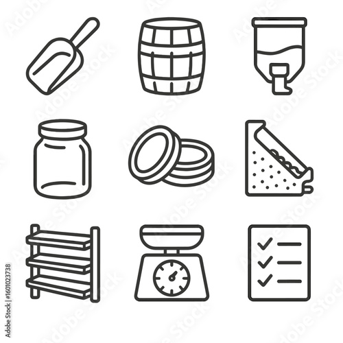 Pantry Refill Icons. Outline style icons of Pantry Refill Station: refill scoop, bulk barrel, self-service bin, reusable glass jar
