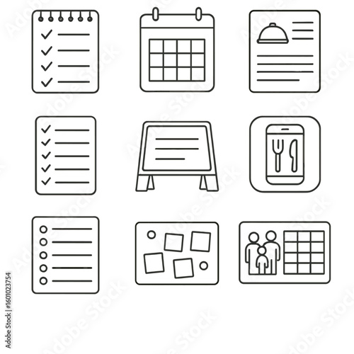 Pantry Planning Icons. Outline style icons of Pantry Planning Tools: checklist notepad, meal calendar, recipe card, shopping list,