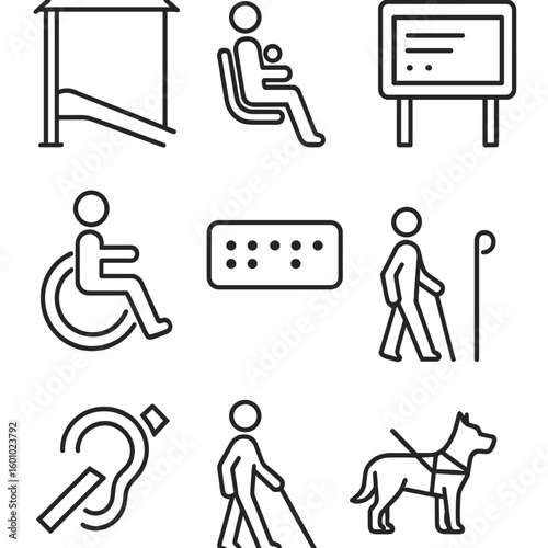 Accessibility Icons Collection. Outline style icons of Accessibility at Stops: ramp to shelter, priority seating icon, wheelchair