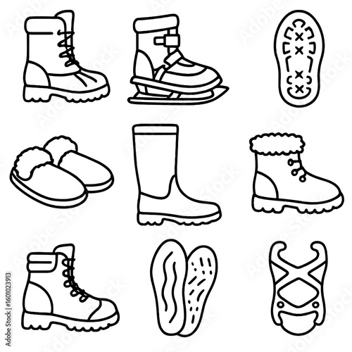 Winter Footwear Icons. Outline style icons of Footwear for Winter: insulated winter boots, snowshoe boot, grip traction sole,