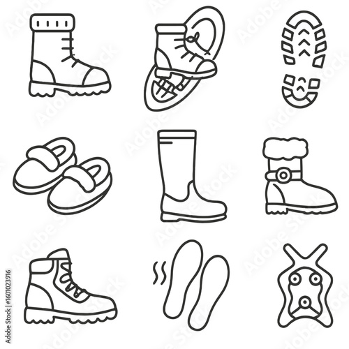 Winter Footwear Icons. Outline style icons of Footwear for Winter: insulated winter boots, snowshoe boot, grip traction sole,