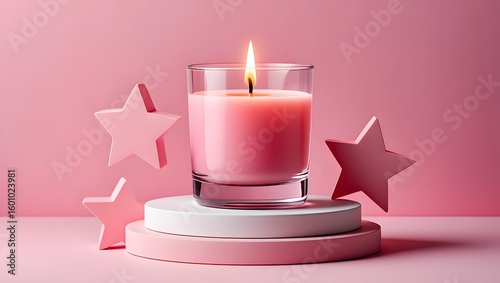 Pink candle aesthetic stock photo, candle with stars, home decor, spa candle, relaxation photo
