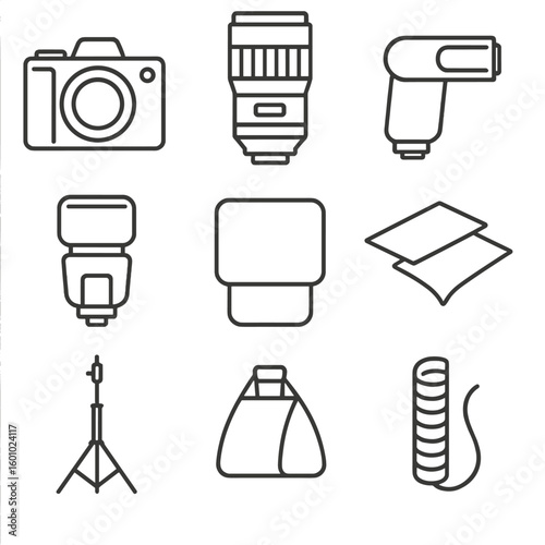 Photography Studio Icons. Outline style icons of Photography studio: Mirrorless camera, telephoto lens, battery grip, speedlight
