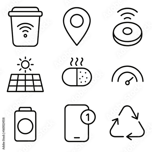 Smart Trash Bin Icons. Outline style icons of Smart trash bin: curbside smart bin, GPS tracker pin, Wi-Fi mesh hub, solar panel
