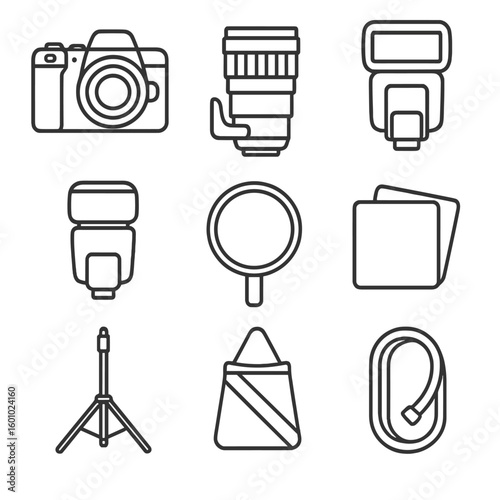 Photography Studio Icons. Outline style icons of Photography studio: Mirrorless camera, telephoto lens, battery grip, speedlight