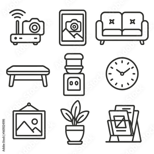 Photography Studio Icons. Outline style icons of Photography studio: Wi-Fi tether hub, remote viewing tablet, client sofa couch,