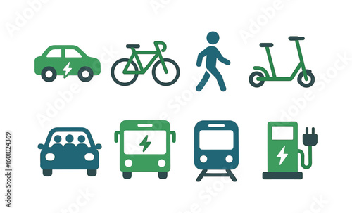 Sustainable transportation icons collection for eco-friendly urban mobility